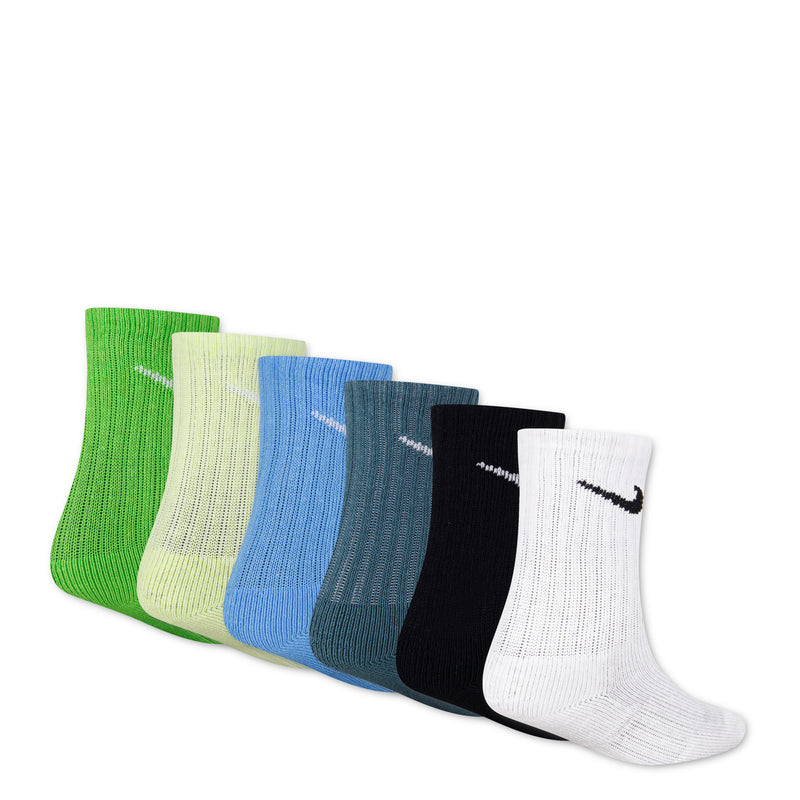 6-pack XXS crew socks with Nike swooshes: green, cream, teal, blue, black, white