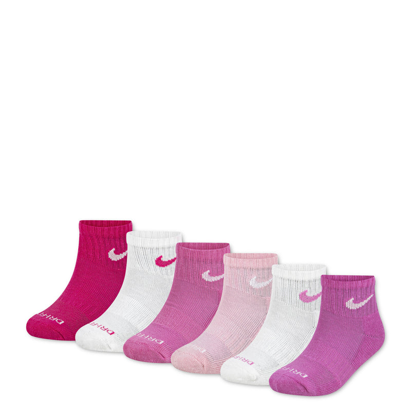 6-pack dri-fit quarter socks in vivid pink, light pink, and white with Nike swoosh