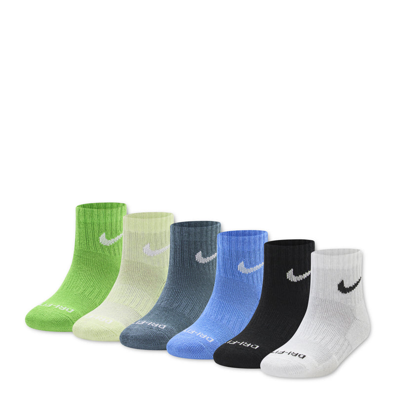 Six-pack quarter crew performance socks with swoosh logos, green to black shades