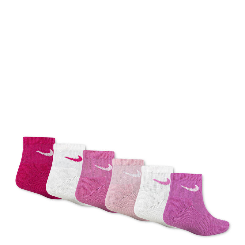 6-pack quarter socks lined up in vivid pink, light pink, and white with Nike swoosh