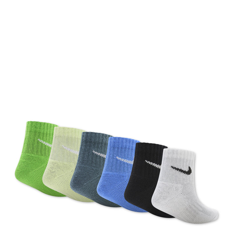 Six quarter crew performance socks lined in a row: green, cream, navy, blue, black, gray