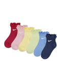 6-pack ruffle ankle socks in bright assorted colors, ruffled cuffs, Nike swooshes