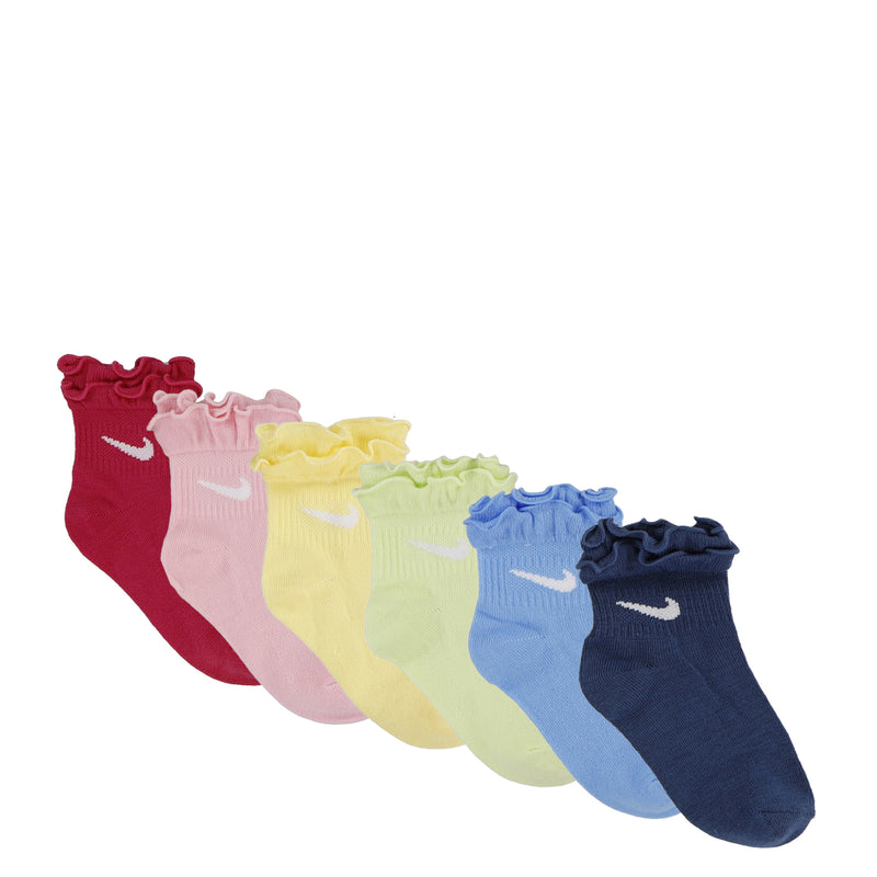 6-pack ruffle ankle socks with ruffled cuffs, pink to navy assorted colors, Nike swooshes