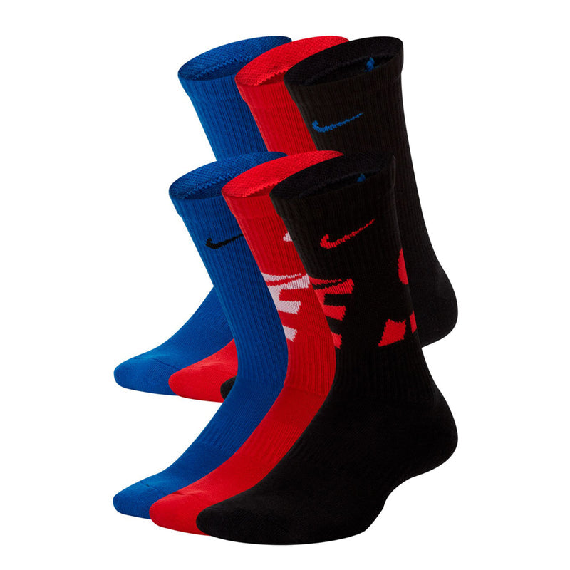 Youth crew socks 6-pack in red, blue, and black with cushioned feet.