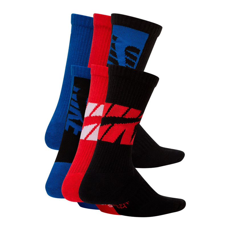Youth crew socks 6-pack with blue, red, and black panels and graphic logos.