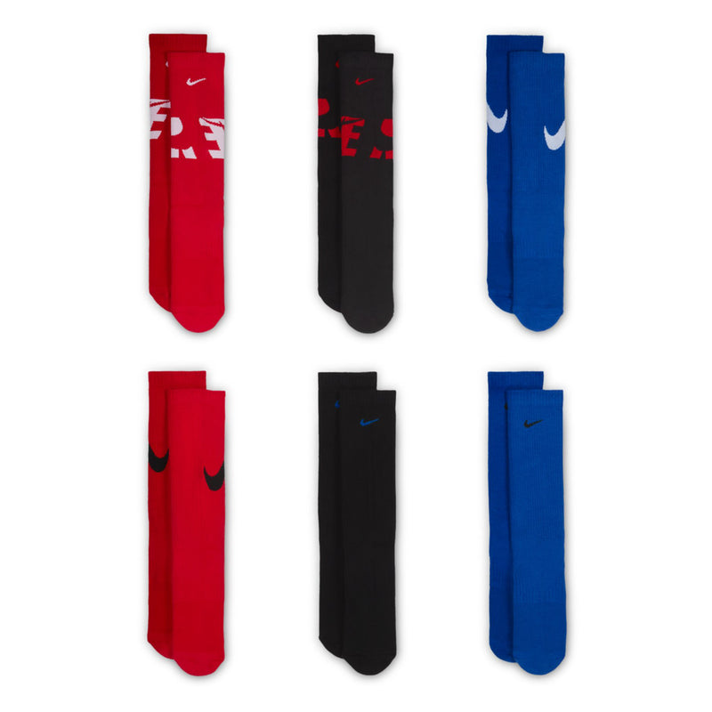 Youth crew socks 6-pack, six pairs in red, black, and blue.