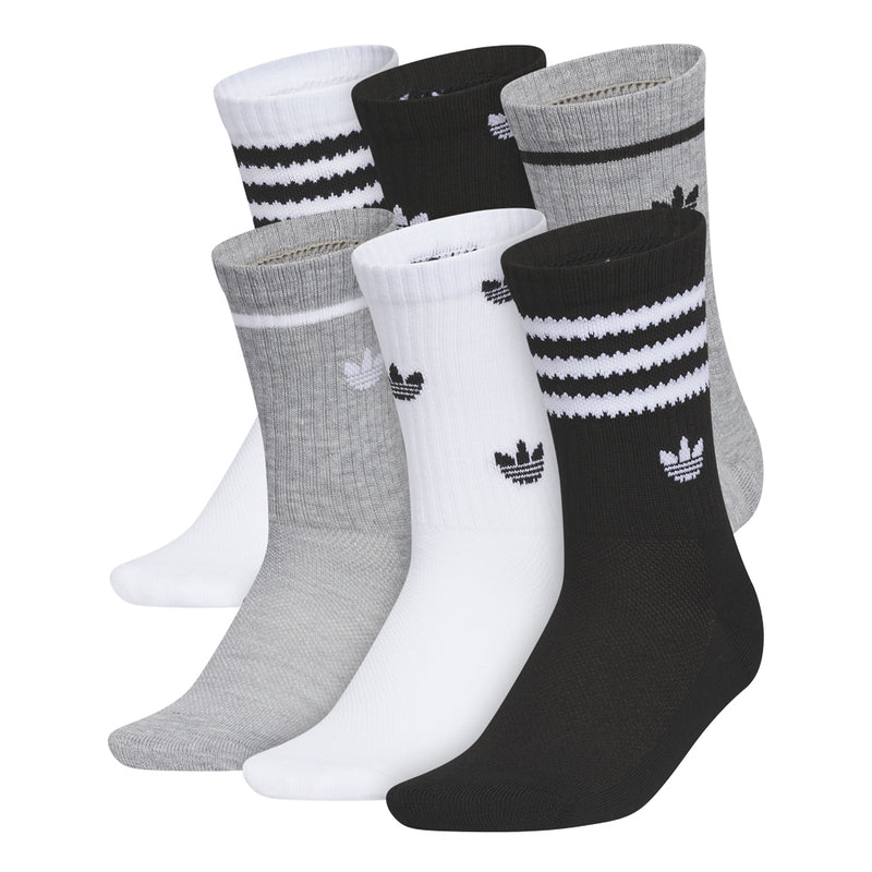 Youth crew sock 6-pack with white, black, and heather grey pairs