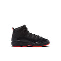 Kids high-top basketball sneakers in black with red accents and lace-up closure