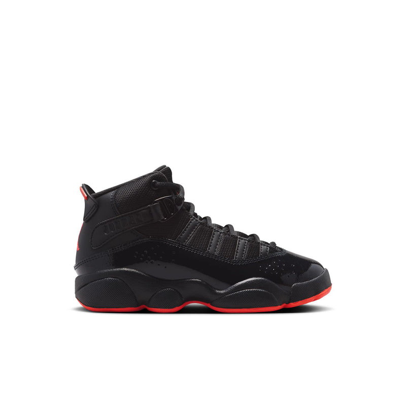 Kids high-top basketball sneakers in black with red accents and lace-up closure