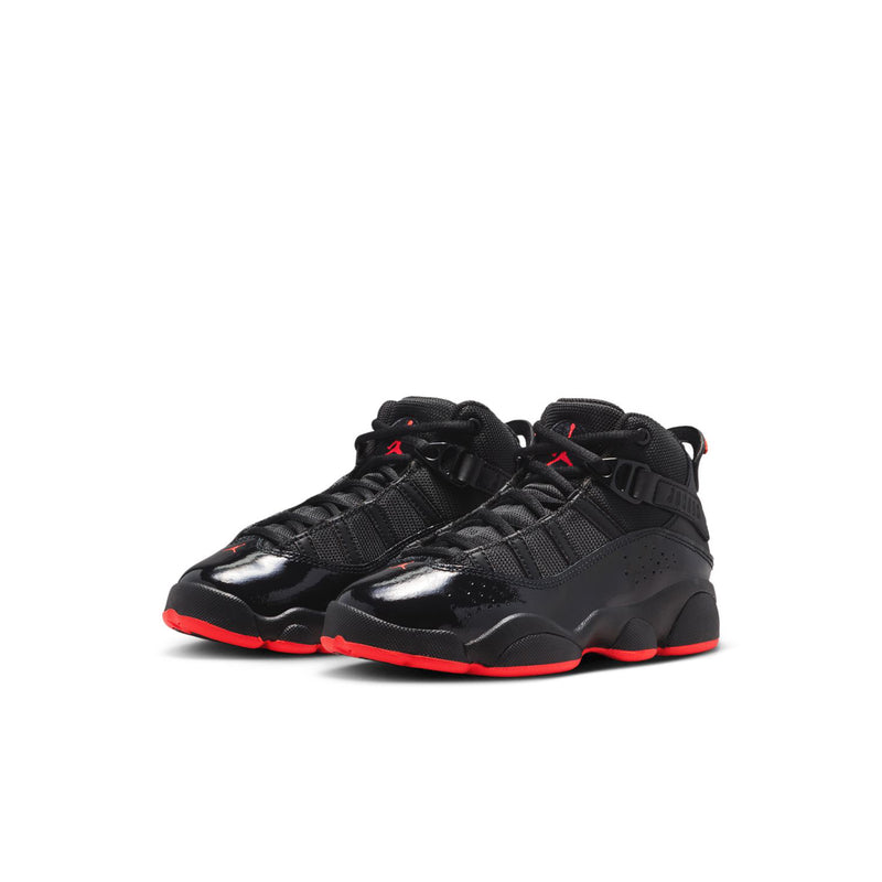 Kids high-top sneakers, black with red trim, glossy panel and lace-up design