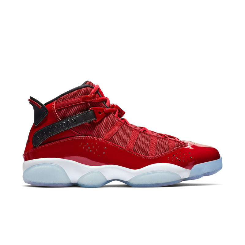 Men's red high-top basketball shoe with black details and white/blue sole