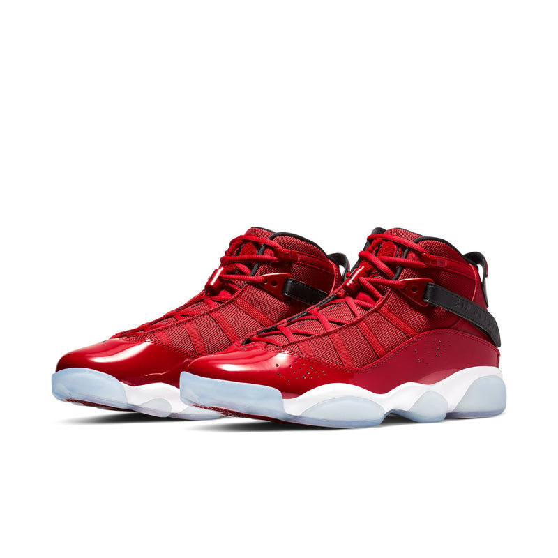 Men's red high-top basketball shoes with black accents and white/blue outsole