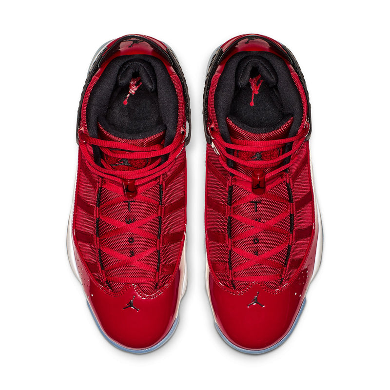 Pair of men's red high-top sneakers with black interior and lace-up front