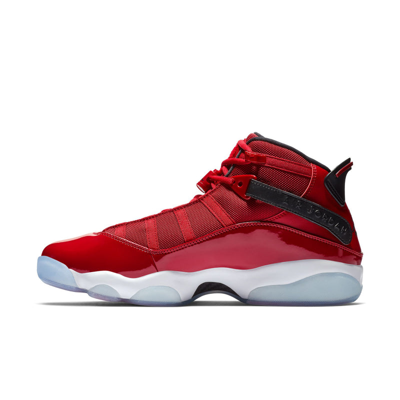 Men's red high-top basketball shoe in side view with black strap detail