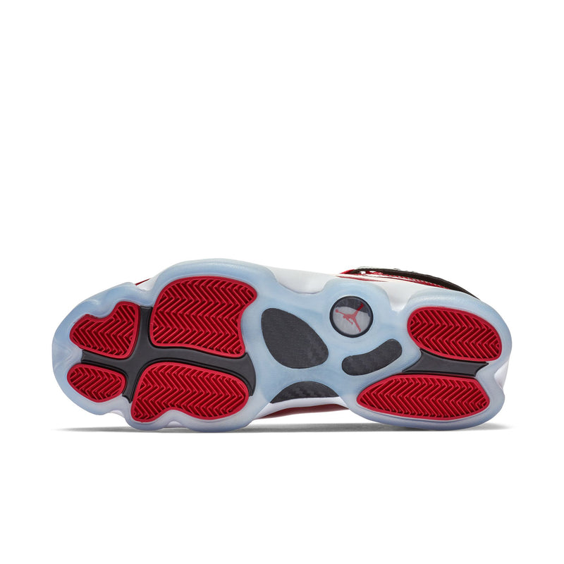 Men's red high-top shoe outsole with textured tread and black-and-white panels