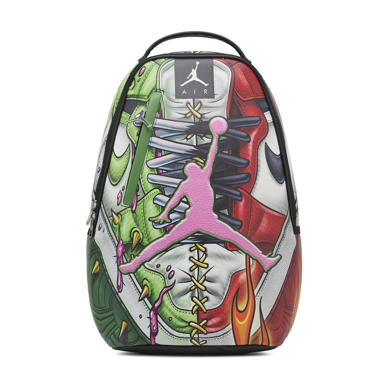 Sneaker graphic backpack, white/red/green with pink character panel and laces