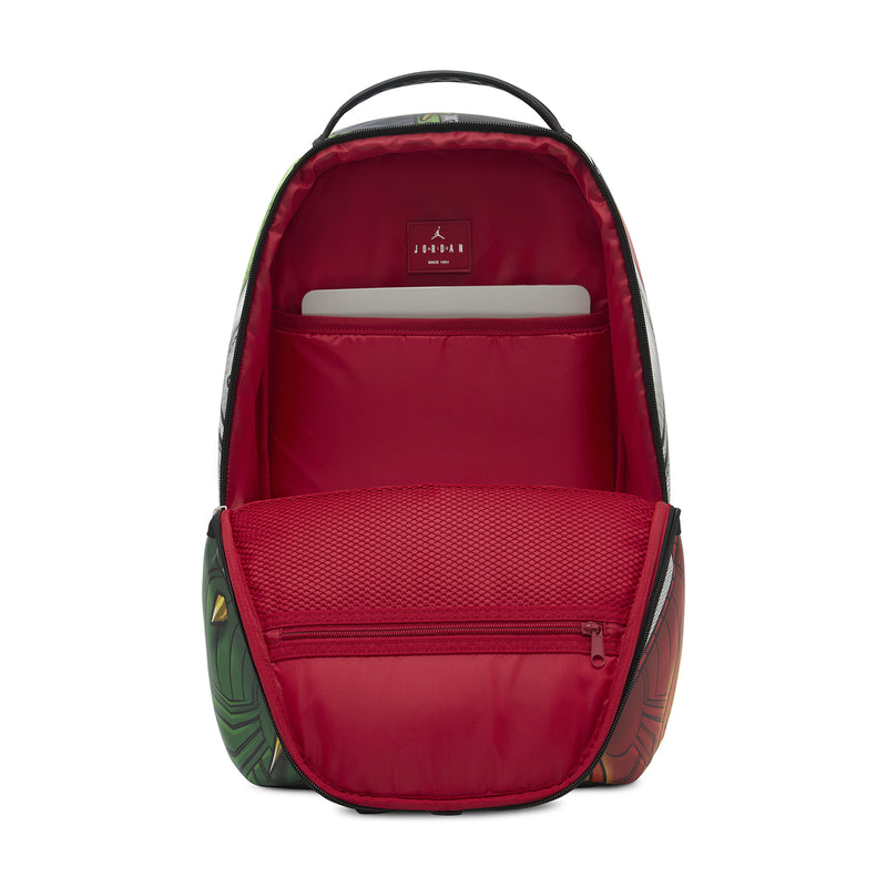 Sneaker graphic backpack back view, red interior with front mesh pocket and top handle