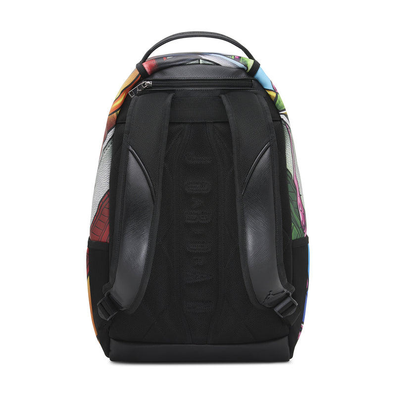 Sneaker graphic backpack back, black padded shoulder straps and black back panel