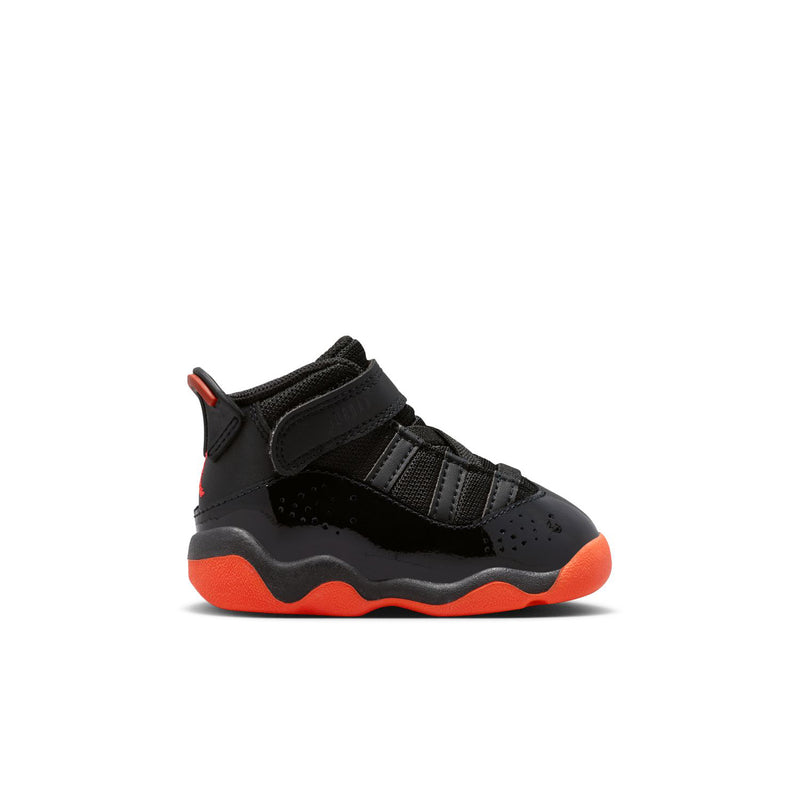 Black toddler high-top sneakers with hook-and-loop straps and red accents
