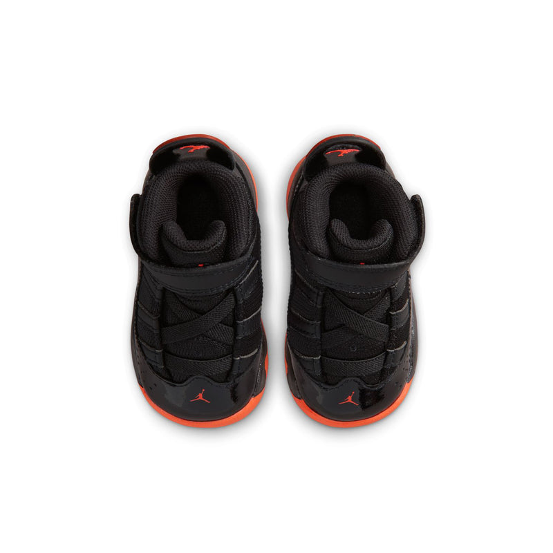 Black toddler sneakers, toe-and-heel view, red lining and Jumpman logos