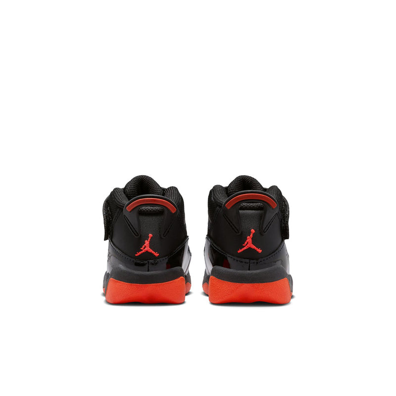 Black toddler high-top sneakers from heel view, red pull tabs and Jumpman logo