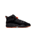 Youth high-top basketball shoes in black with orange-red accents and orange outsole