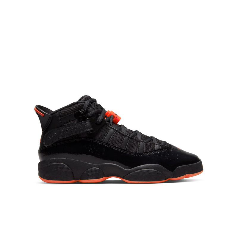 Youth high-top basketball shoes in black with orange-red accents and orange outsole