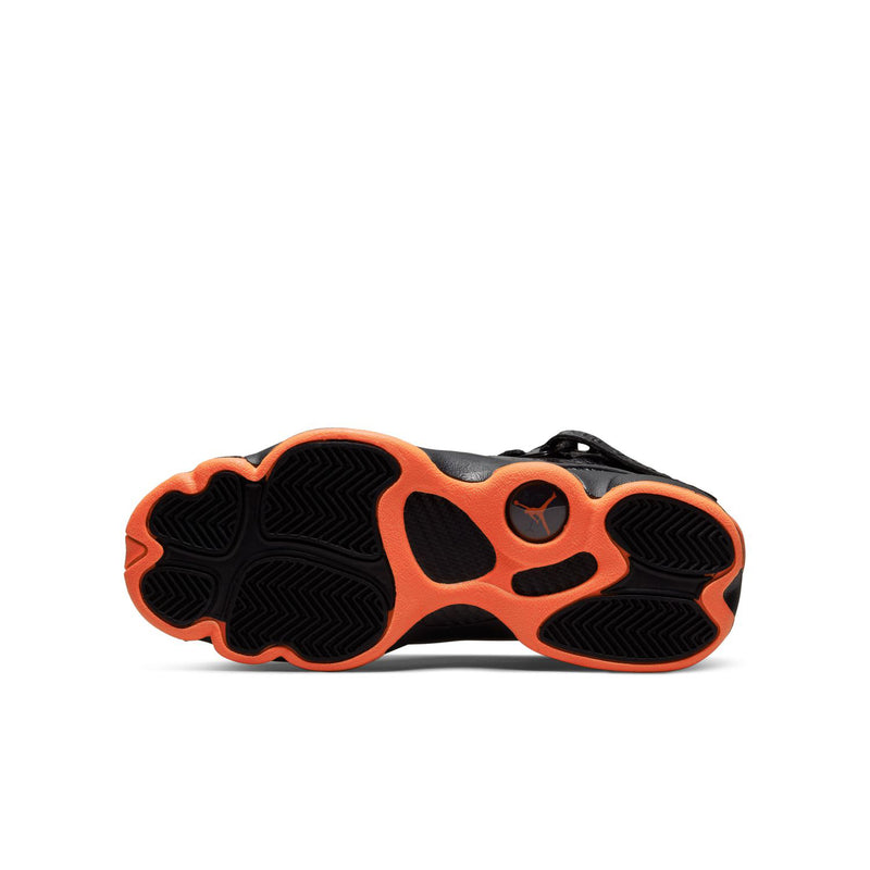 Youth black high-top shoe outsole with textured tread and orange border