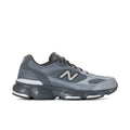 Mens athletic sneakers in blue and gray, mesh upper with side N logo and black sole