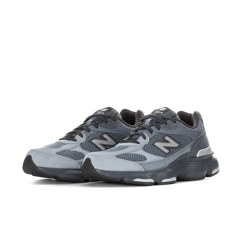 Mens athletic sneakers, blue and gray colorway, lace-up mesh with cushioned midsole