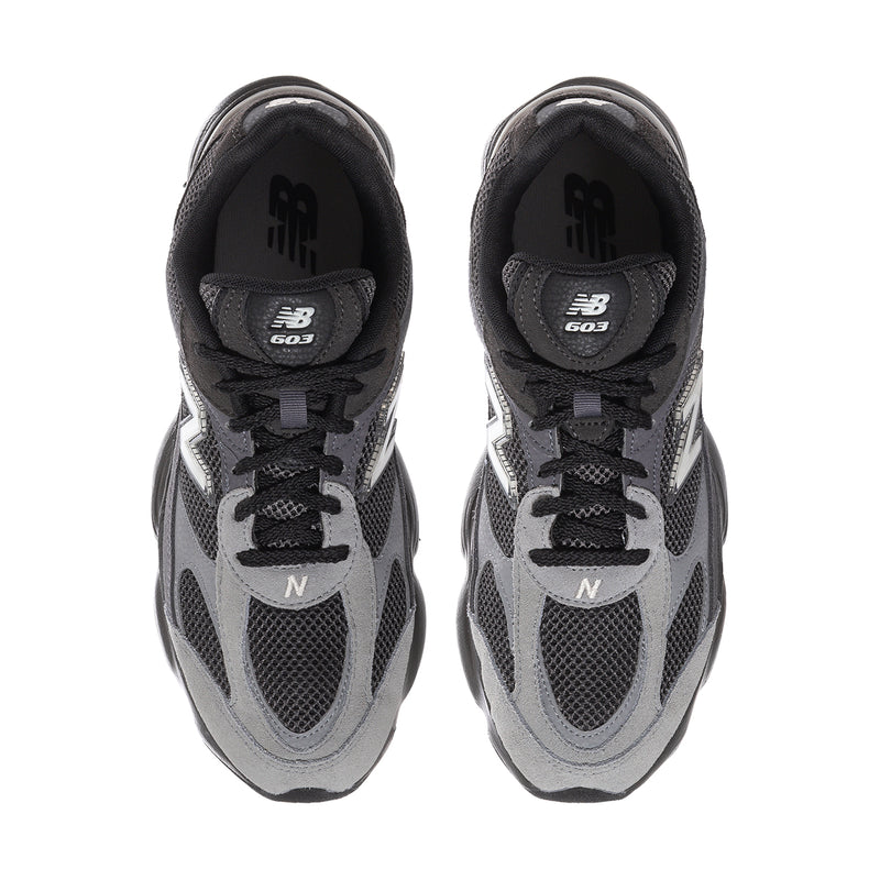 Men's New Balance 603 sneakers front view, black laces and N logo on gray panels