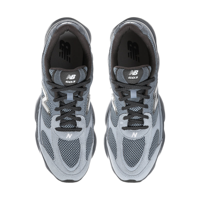 Mens lace-up sneakers, blue and gray mesh upper with tongue logo and 603 label