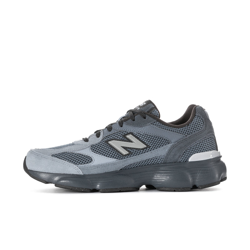 Mens athletic sneakers, blue and gray mesh with white N logo and lace-up front