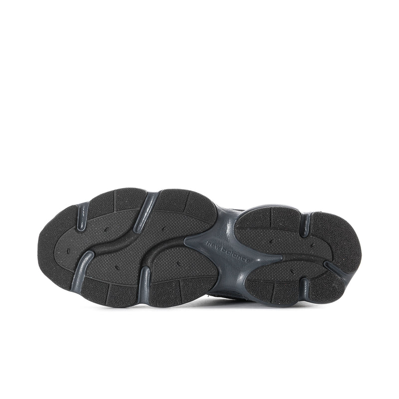 Mens sneakers outsole view, blue and gray treaded rubber sole with cushioning pods
