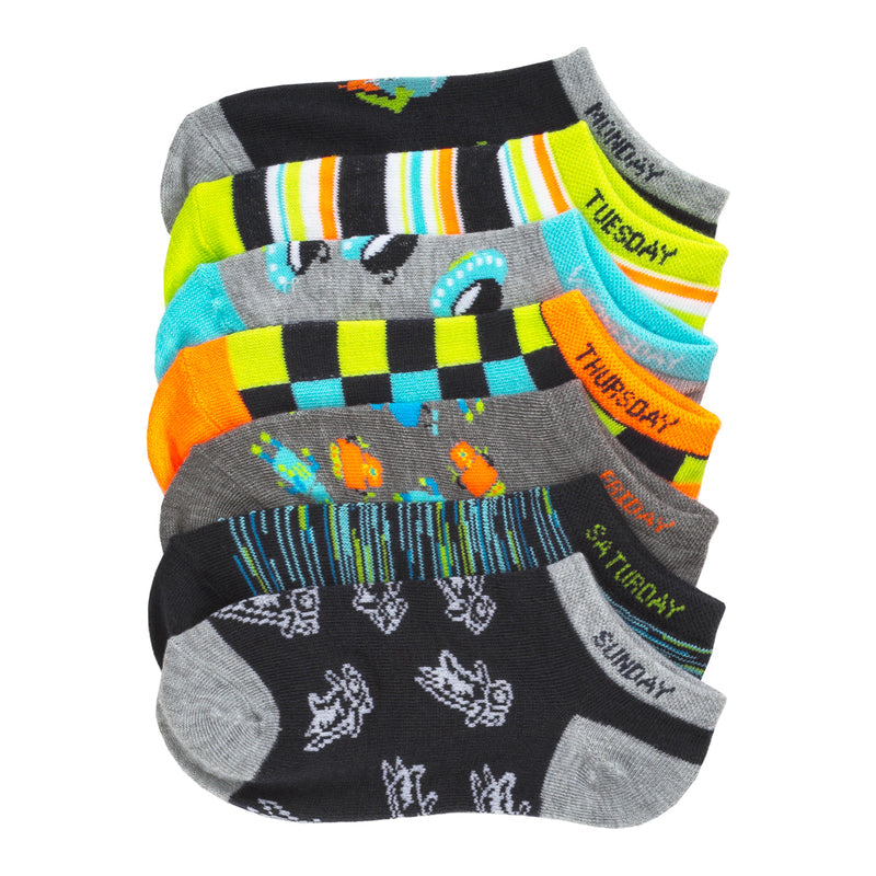 7-pack no-show ankle socks, mix of grey, black, blue, orange, stripes and patterned cuffs