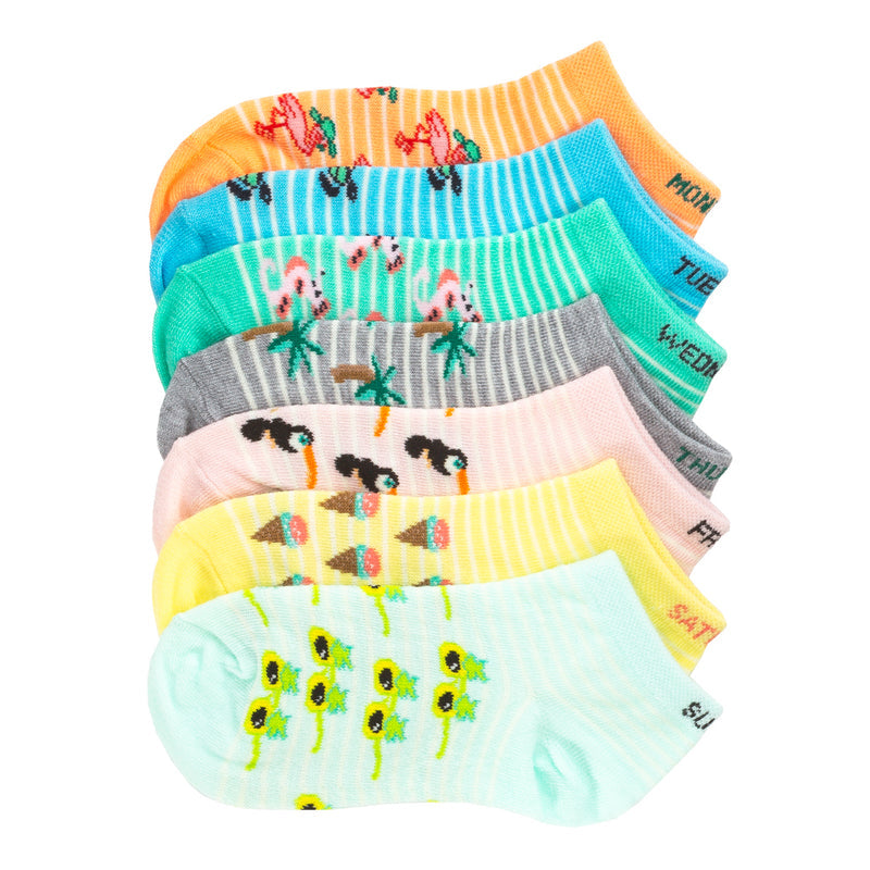 No-show socks, 7-pack, colorful stripe and animal print assortment