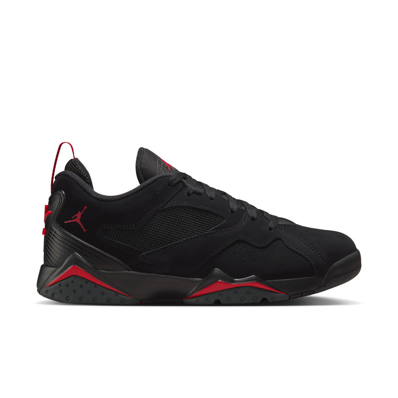 Men's black low-top sneaker with red trim, lace-up design, and Air Jordan logo