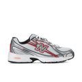 White, silver and red athletic running shoes with black collar and side N logo