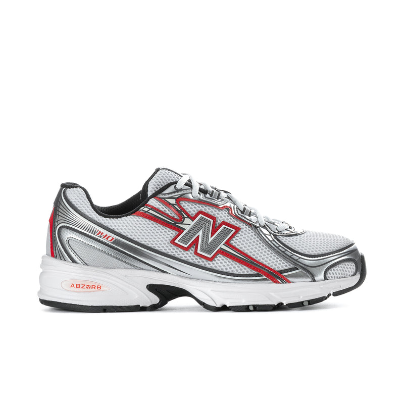 White, silver and red athletic running shoes with black collar and side N logo