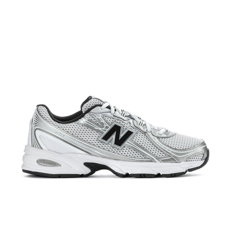 Men's running shoes, white/silver metallic with black accents and lace-up design
