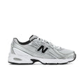 Men's running shoes, white/silver metallic with black accents and lace-up design
