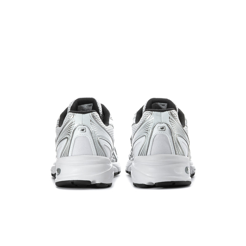 Men's running shoes, heel view in white/silver metallic with black collar lining