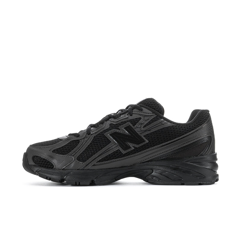 Men's New Balance lace-up running shoe side profile, black with gray trim