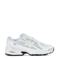 Women's white mesh running sneakers, side profile with lace-up upper