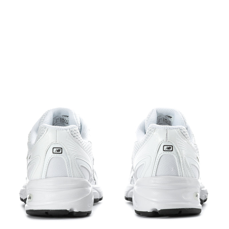 Women's white mesh sneakers, heel and back view with lace-up collar