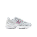 Youth silver metallic sneakers side view with N logo and pink laces