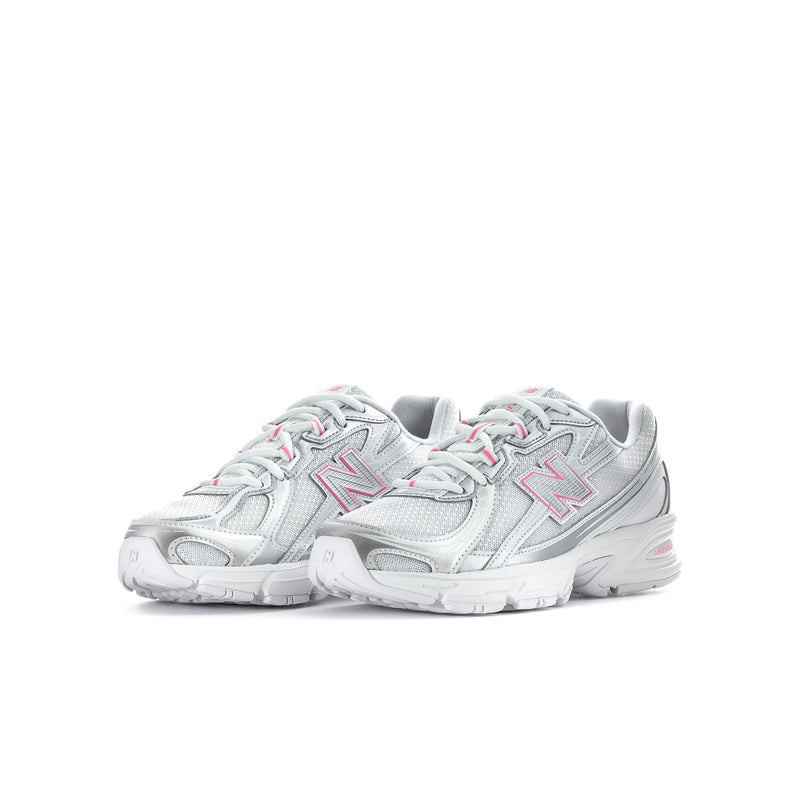 Youth silver metallic sneakers pair, lace-up with pink trim and white midsole