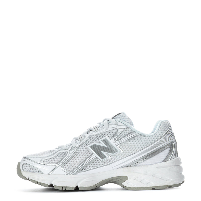 Youth 740 sneakers, white and silver metallic with N-style logo, lace-up mesh