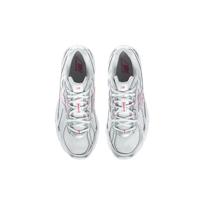 Youth silver metallic sneakers top view, laces with pink eyelets and padded collar