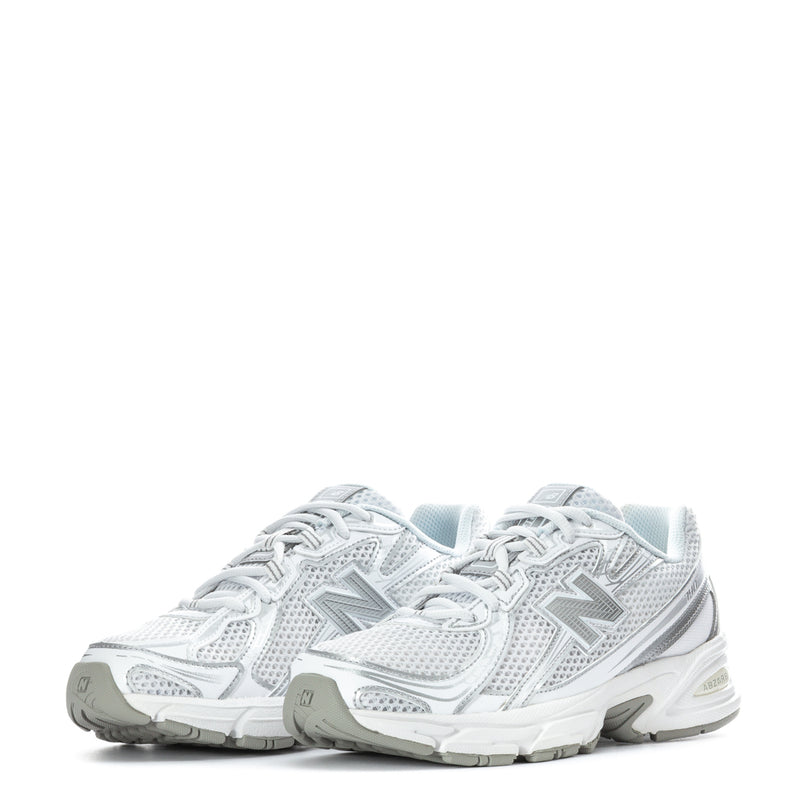 Youth 740 sneakers front view in white and silver metallic, lace-up mesh upper